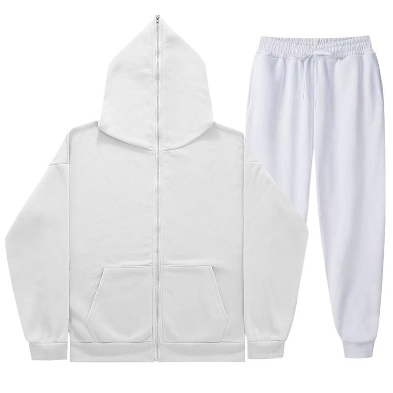 Men Autumn Winter Casual Sports Commuter Full Zipper Solid Color Long Sleeve Hoodies Trousers Sets