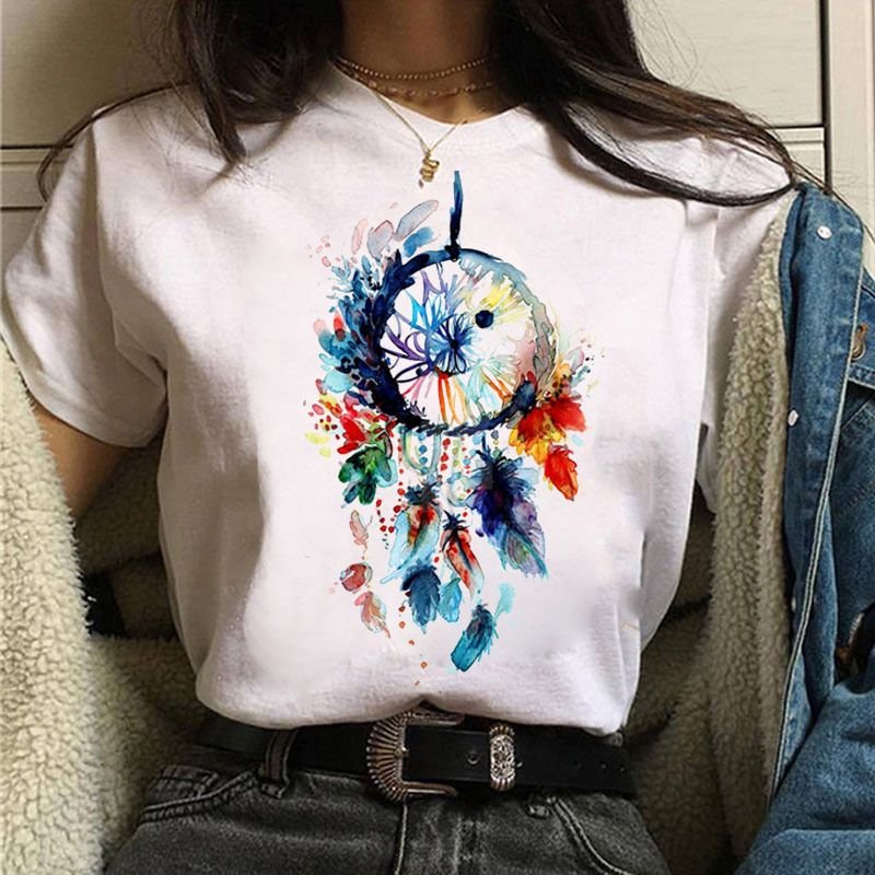 Women Fashion Dream Catcher Printed Round Neck Short Sleeve T-Shirt