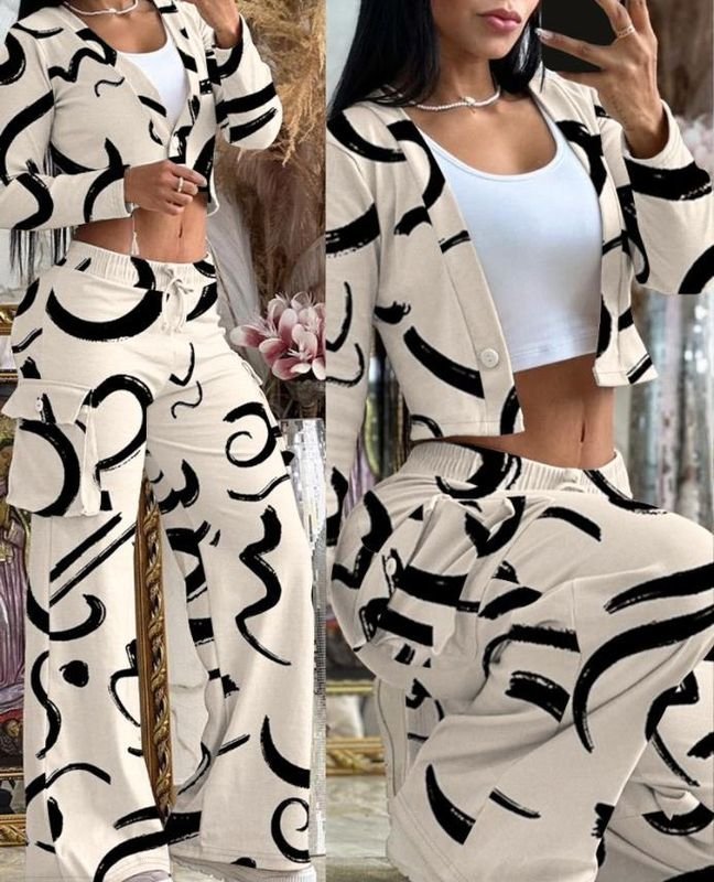 Women Casual Solid Color Long-Sleeved Crop Top Drawstring Wide-Leg Pants Two-Piece Set