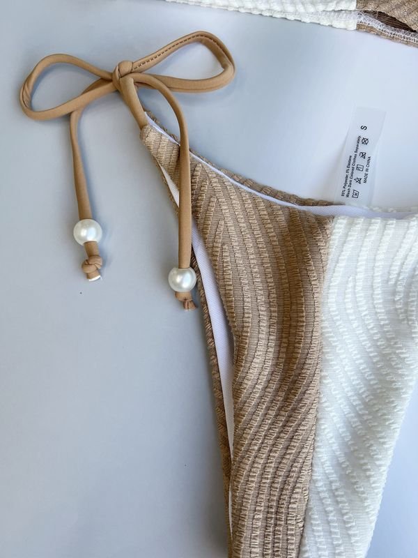 Women Summer Halter Neck Color Blocking Pearl Decor Bikini Swimwear
