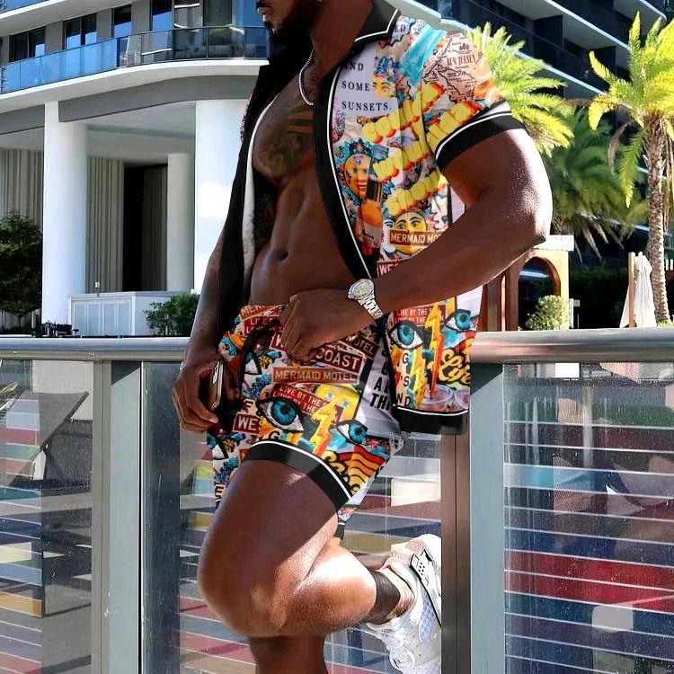 Men Fashion Casual Holiday Hawaii 3D Print Plus Size Short Sleeve Lapel Shirt Shorts Set