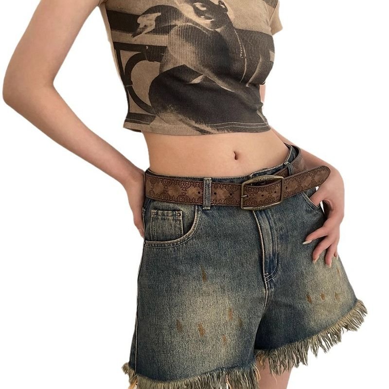 Women Retro Y2K Ethnic Pattern PU Belt