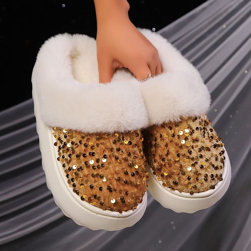 Autumn Winter Women Fashion Plus Size Sequins Plush Thick-Soled Home Slippers
