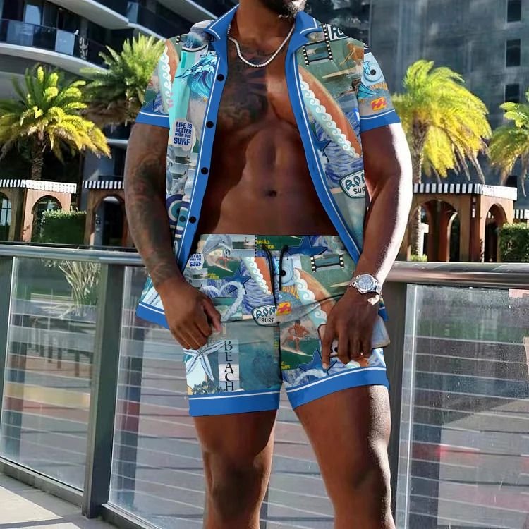 Men Fashion Casual Holiday Hawaii 3D Print Plus Size Short Sleeve Lapel Shirt Shorts Set