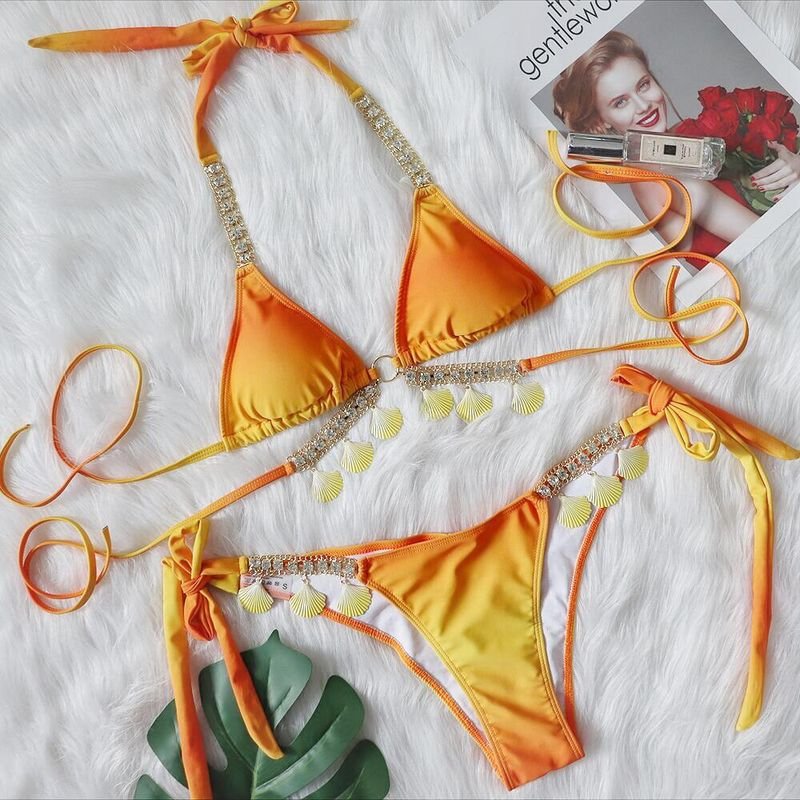 Women Sexy Strap Gradient Print Shell Tassel Bikini