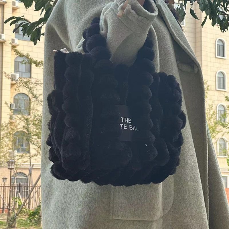Autumn Winter Women Fashionable Solid Color Plush Large Capacity Handbag