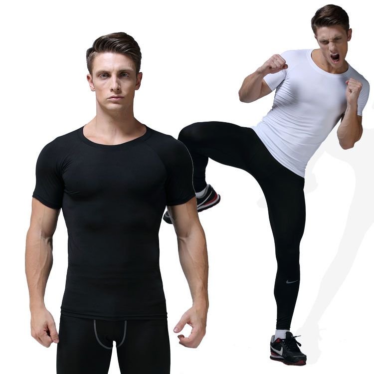 Men Casual Basic Solid Color Quick Drying Short-Sleeved Round Neck Sports Tight T-Shirt
