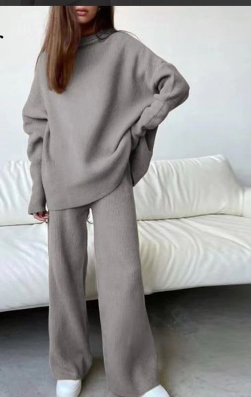 Women Fashion Loose Solid Color High Neck Knitted Long Sleeve Top Pants Two-Piece Set