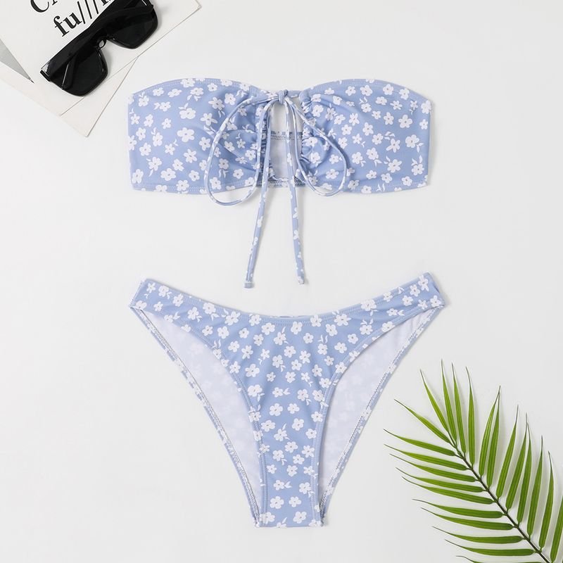 Summer Women Fashion Sexy Floral Print Tube Top Lace Bikini Swimsuit Set
