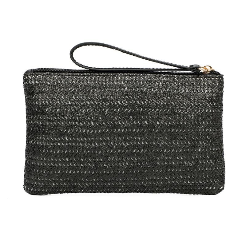 Women Fashion Solid Color Straw Woven Zipper Long Purses