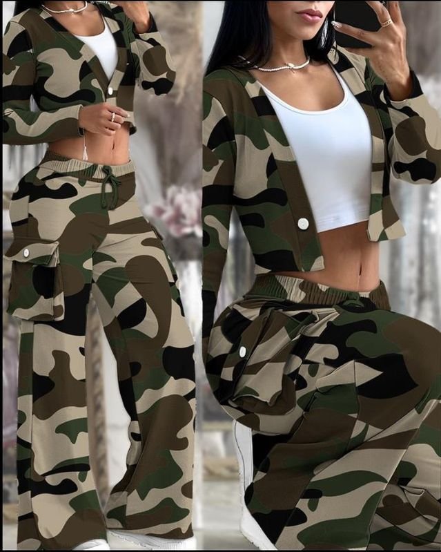 Women Casual Solid Color Long-Sleeved Crop Top Drawstring Wide-Leg Pants Two-Piece Set