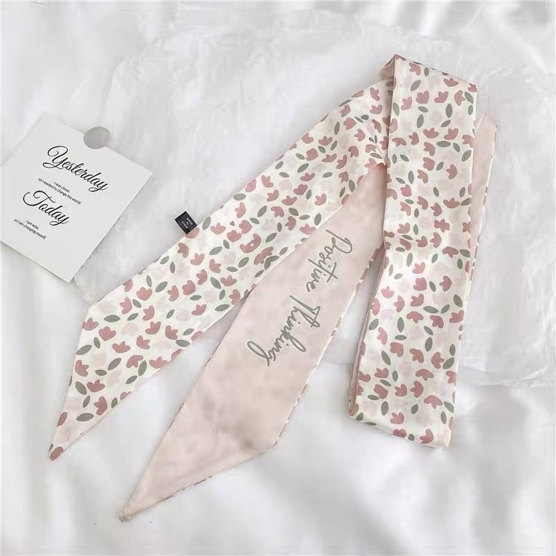 Women Fashion Simple Fresh Floral Print Long Thin Narrow Silk Scarf