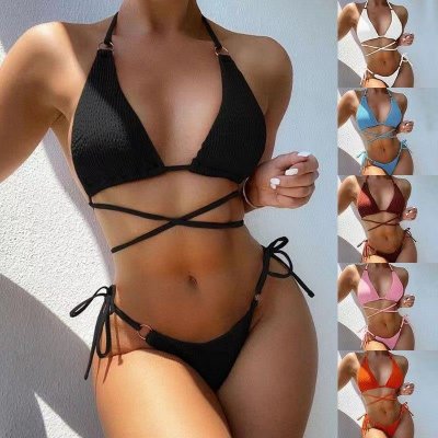 Women Fashion Sexy Cross Hollow Halter Neck Bikini Swimsuit Set