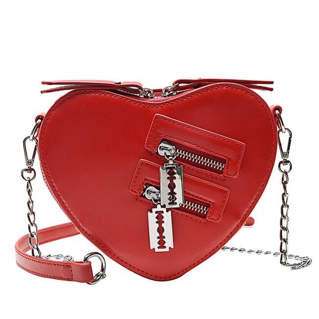 Women Creative Zipper Design Solid Color Heart Shaped PU Crossbody Bag
