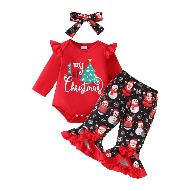 Kids Baby Girls Cute Party Christmas Alphabet Long Sleeve Romper Flare Trousers Sets