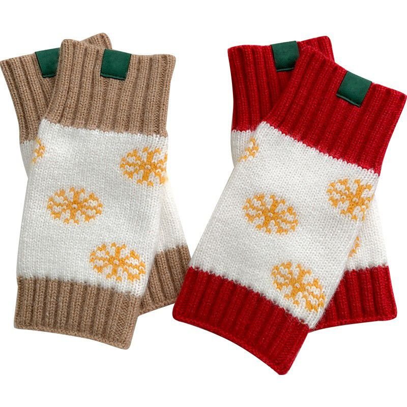 Women Fashion Christmas Snowflake Stripe Warm Knitted Half Finger Gloves