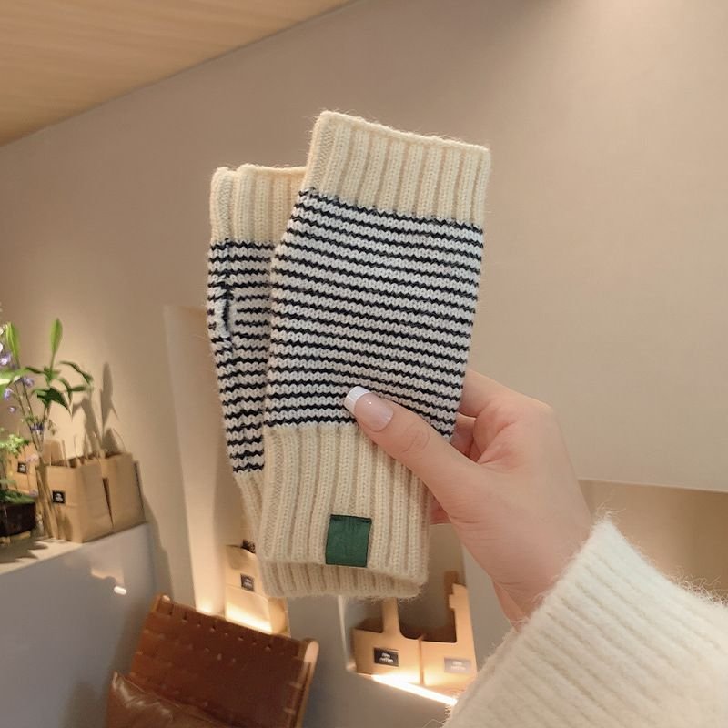 Women Fashion Christmas Snowflake Stripe Warm Knitted Half Finger Gloves