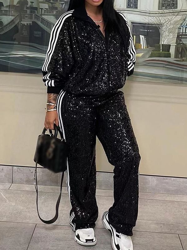 Women Fashion Plus Size Sequin Zipper Long Sleeve Top Pants Two-Piece Set