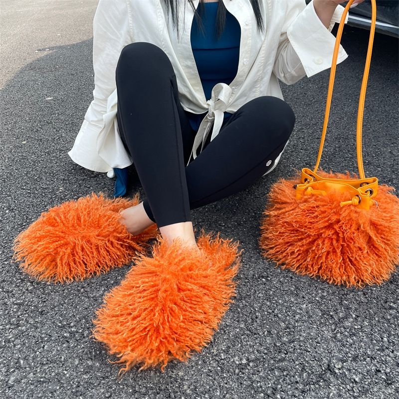 Plus Size Women Fashion Plush Solid Color Flat Slipper Shoulder Bag Set