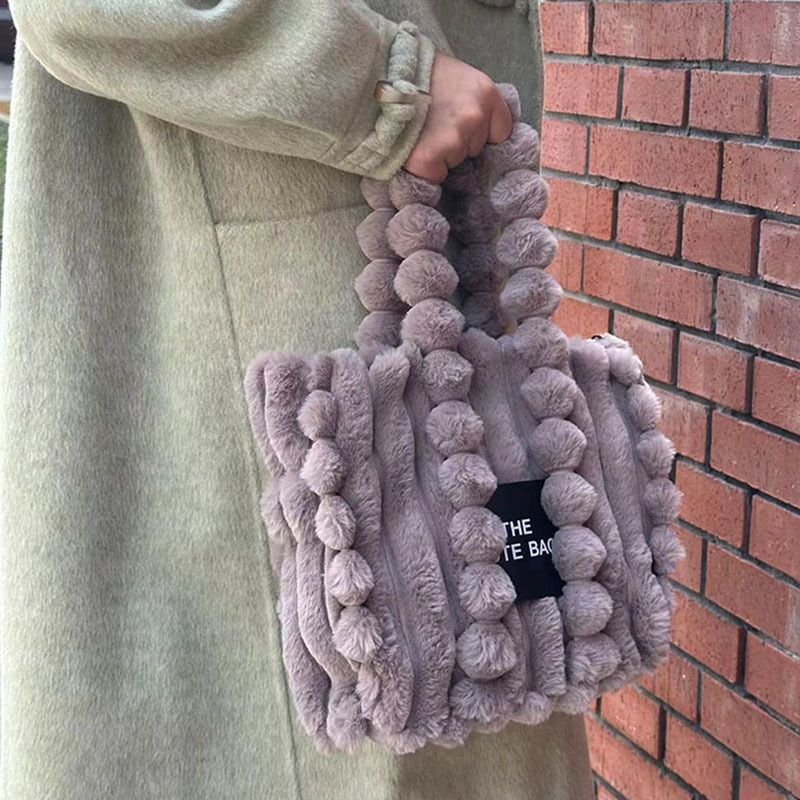 Autumn Winter Women Fashionable Solid Color Plush Large Capacity Handbag