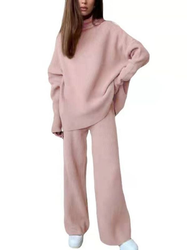 Women Fashion Loose Solid Color High Neck Knitted Long Sleeve Top Pants Two-Piece Set