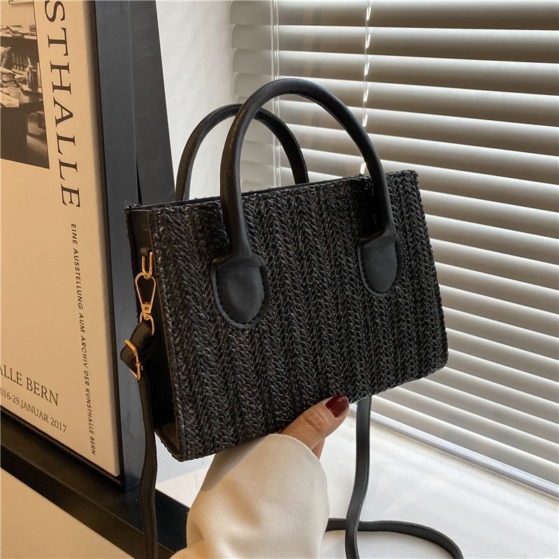 Women Simple Fashionable Straw Woven Large Capacity Square Handle Shoulder Bag