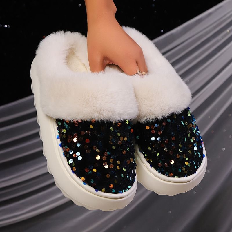 Autumn Winter Women Fashion Plus Size Sequins Plush Thick-Soled Home Slippers