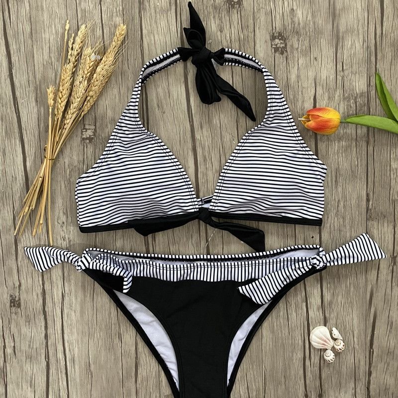 S-XL Women Sexy Striped Print Knotted Bikini Swimsuit