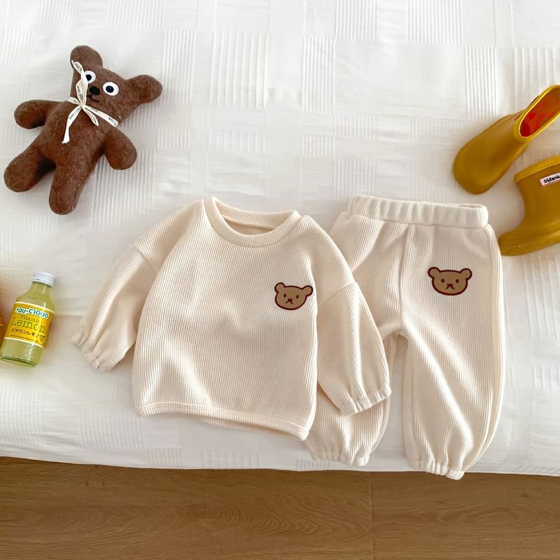 Kids Baby Boys Girls Casual Cute Cartoon Rib-Knit Long Sleeve Sweatshirts Pants Sets