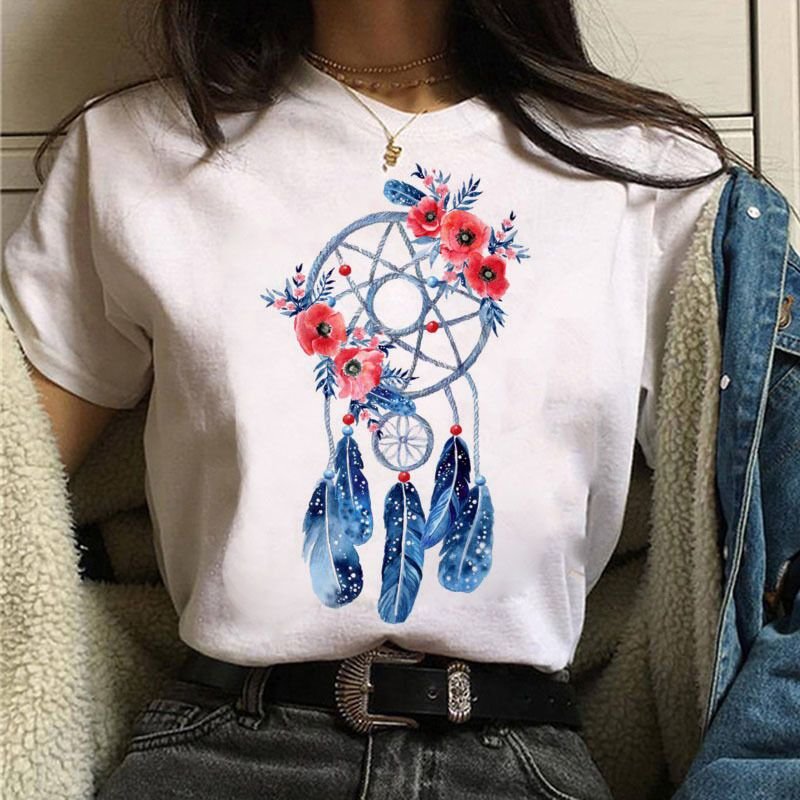 Women Fashion Dream Catcher Printed Round Neck Short Sleeve T-Shirt