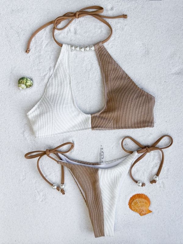 Women Summer Halter Neck Color Blocking Pearl Decor Bikini Swimwear