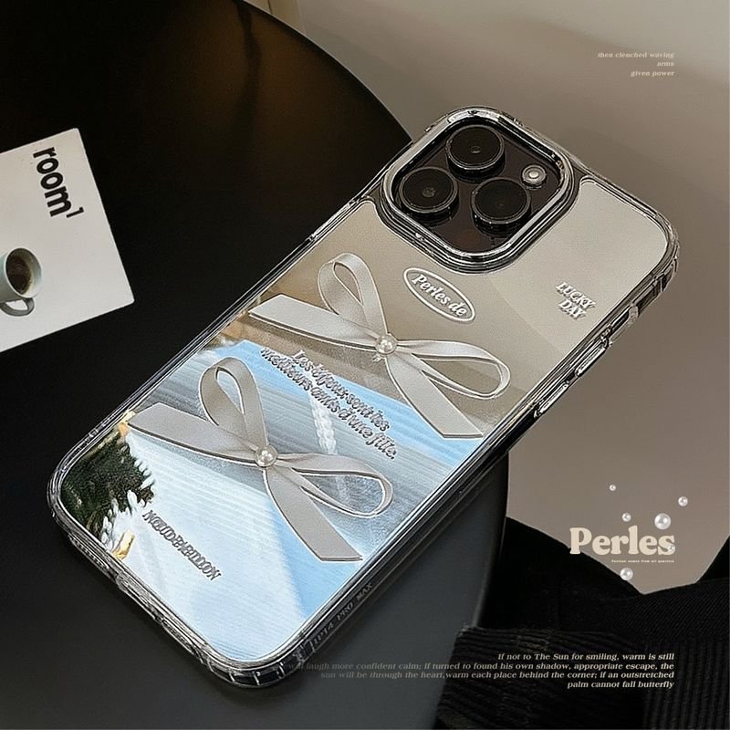 Women Fashion Mirror Three-Dimensional Pearl Bow Anti-Drop Apple Mobile Phone Protective Case