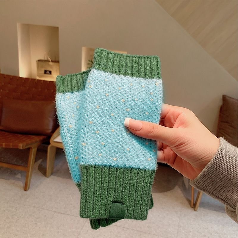 Women Fashion Christmas Snowflake Stripe Warm Knitted Half Finger Gloves