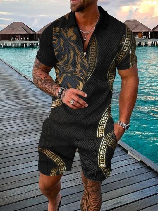 Men Fashion Casual Tiny Flower 3D Print Plus Size Short Sleeve Lapel POLO Shirt Shorts Set