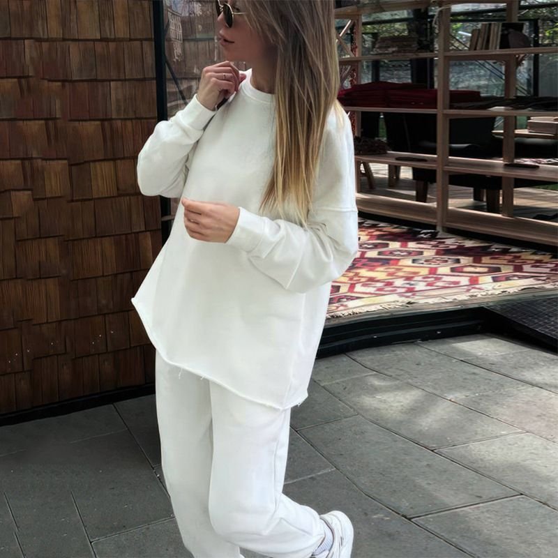 Casual Athleisure Women Fall Winter Sports Solid Color Long-Sleeved Top Fashionable Elastic Pants Two-Piece Set