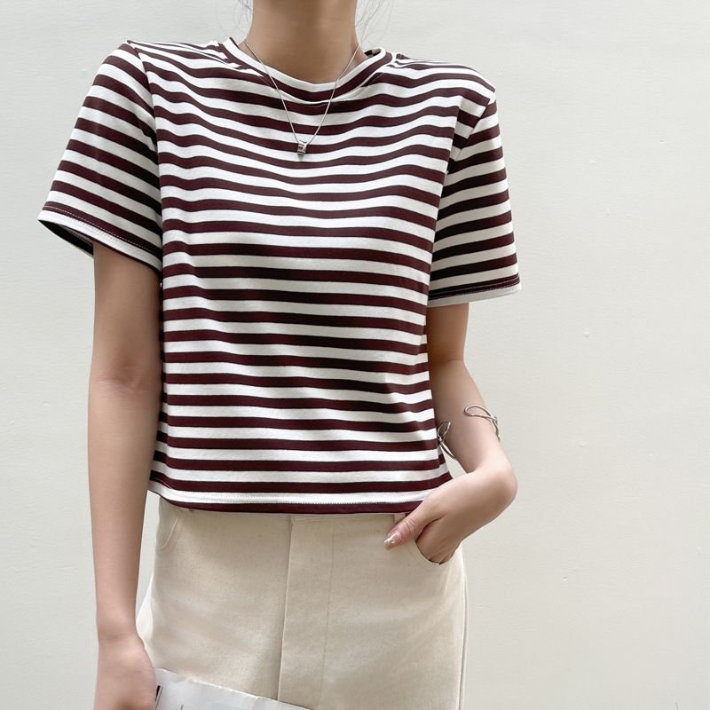 Summer Women Casual Stripe Round Neck Short Sleeve T-Shirt