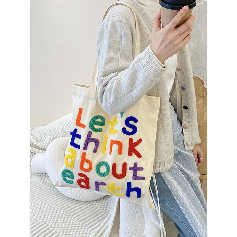 Women Simple Letter Embroidered Large Capacity Canvas Shopping Tote Bag