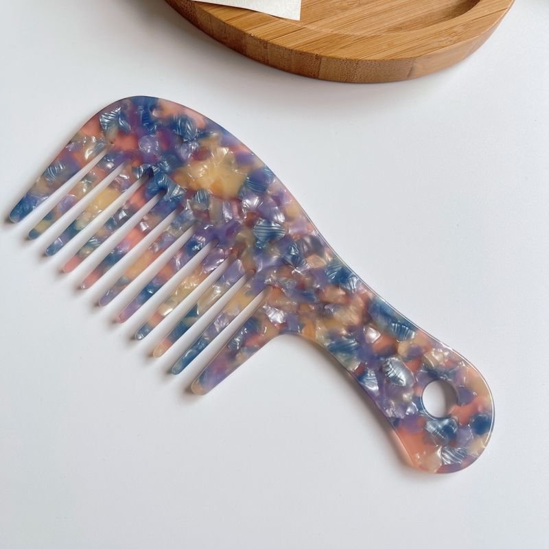 Women'S Simple Wide Tooth With Handle Acetate Plate Marble Pattern Hairdressing Comb