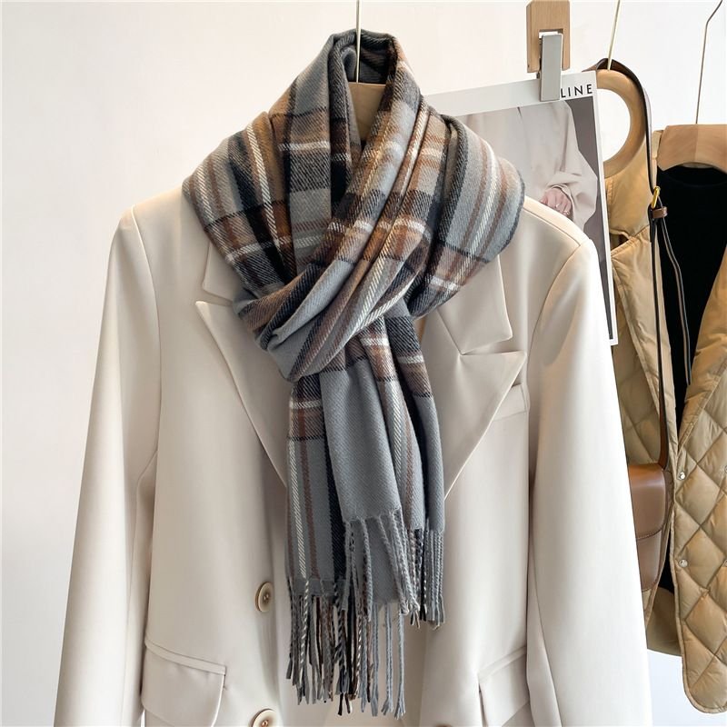 Autumn Winter Women Fashion Plaid Thickened Warm Tassel Scarf