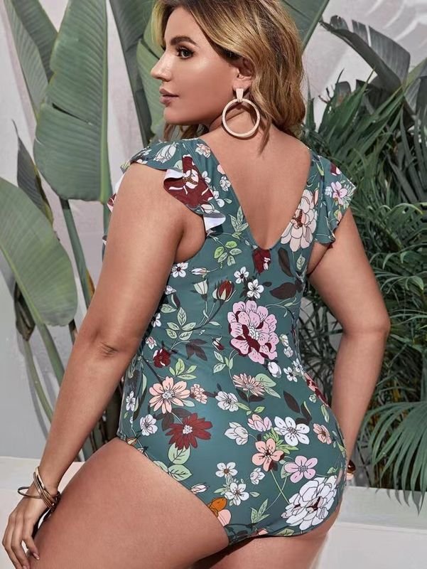 Women Fashion Sexy Plus Size Deep V Floral Printed Backless One-Piece Swimsuit