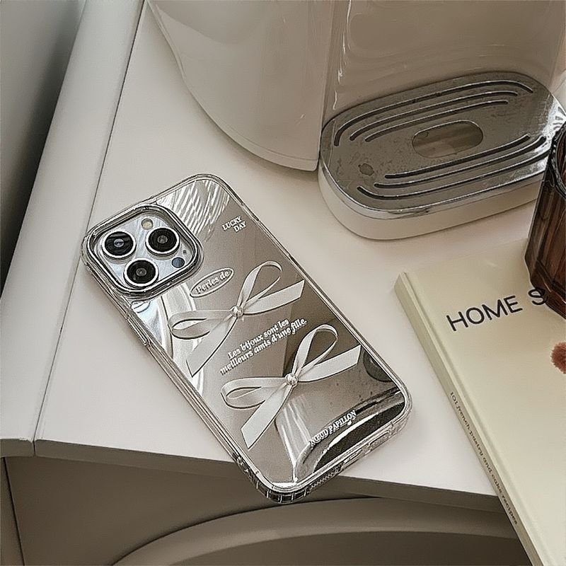 Women Fashion Mirror Three-Dimensional Pearl Bow Anti-Drop Apple Mobile Phone Protective Case
