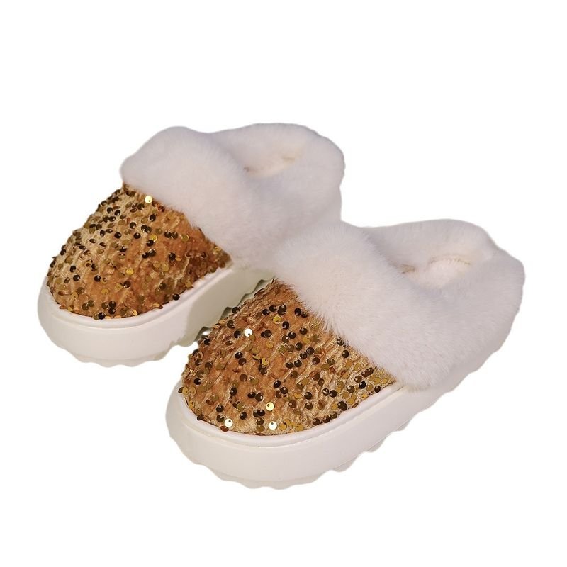 Autumn Winter Women Fashion Plus Size Sequins Plush Thick-Soled Home Slippers