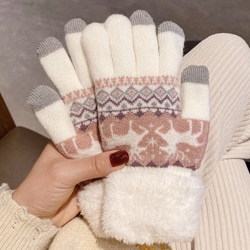 Autumn Winter Women Cute Christmas Elk Fleece-Lined Thickened Warm Touch Screen Gloves
