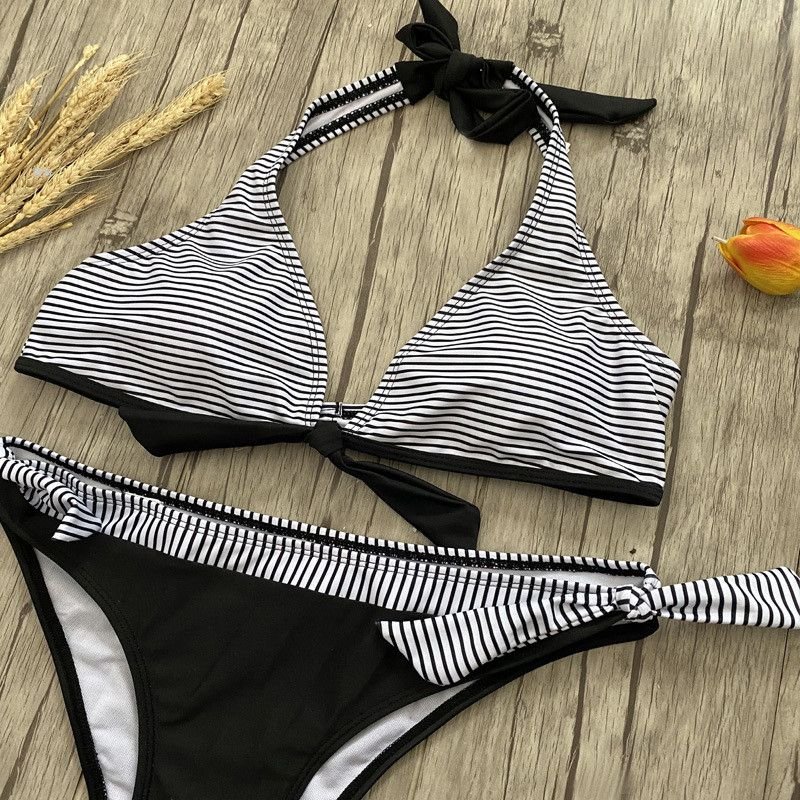S-XL Women Sexy Striped Print Knotted Bikini Swimsuit