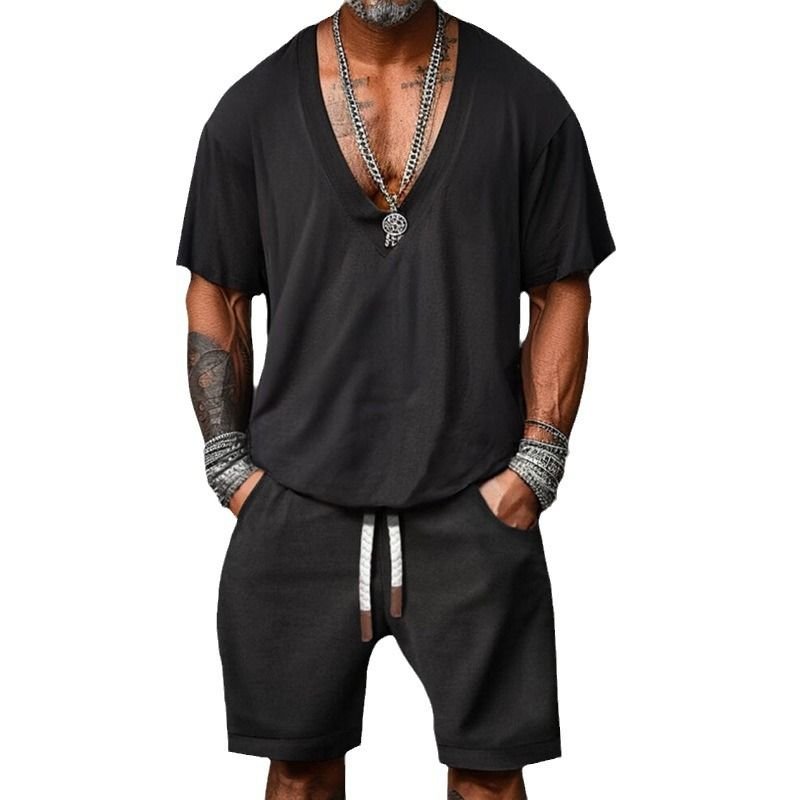 Men Fashion Casual Solid Color Short Sleeve V Neck T-Shirt Shorts Sets