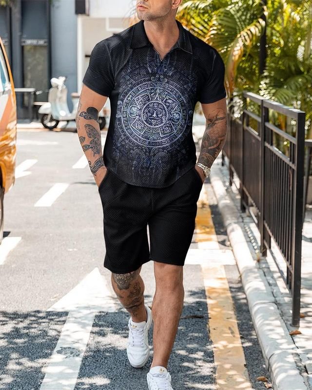 Men Fashion Casual Tiny Flower 3D Print Plus Size Short Sleeve Lapel POLO Shirt Shorts Set