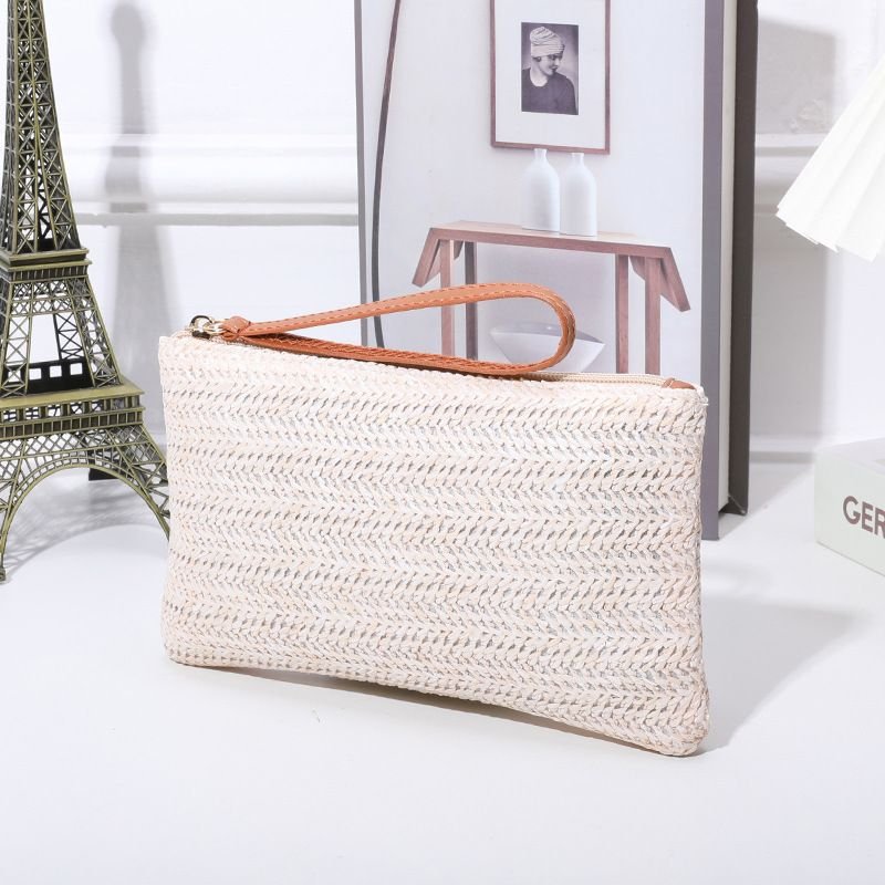 Women Fashion Solid Color Straw Woven Zipper Long Purses