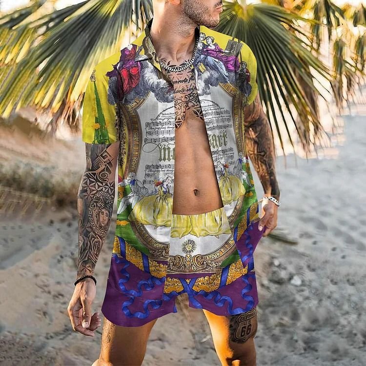Men Fashion Casual Holiday Hawaii 3D Print Plus Size Short Sleeve Lapel Shirt Shorts Set