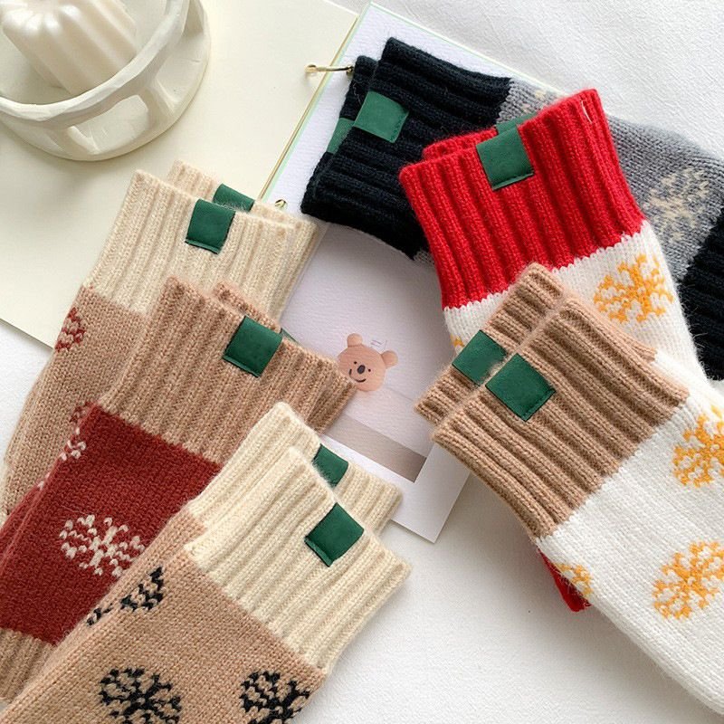 Women Fashion Christmas Snowflake Stripe Warm Knitted Half Finger Gloves