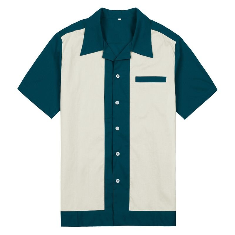 Men Casual Color Contrast Single-Breasted Short-Sleeved Custom Bowling Shirt